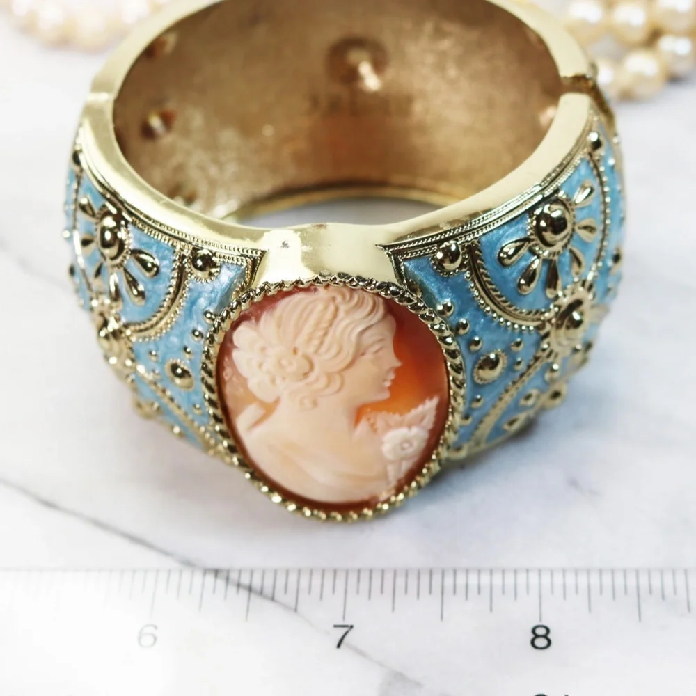 Amedeo Hand Carved Cameo Satin Blue Cuff Bracelet